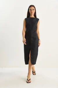 Bianco Lucci Women's Slit Detailed Woven Suede Midi Pencil Dress 10969 - Image 2