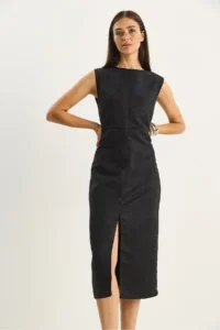 Bianco Lucci Women's Slit Detailed Woven Suede Midi Pencil Dress 10969 - Image 3