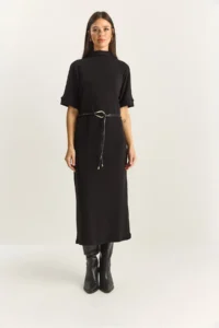 Bianco Lucci Women's Half Turtleneck Faux Leather Belted Steel Knitted Midi Dress 11052 - Image 2