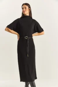 Bianco Lucci Women's Half Turtleneck Faux Leather Belted Steel Knitted Midi Dress 11052 - Image 3