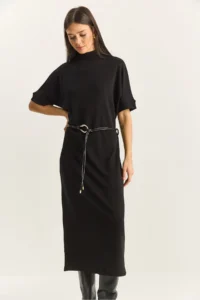 Bianco Lucci Women's Half Turtleneck Faux Leather Belted Steel Knitted Midi Dress 11052 - Image 4
