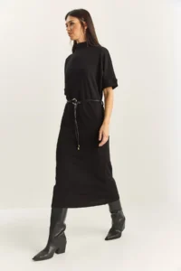 Bianco Lucci Women's Half Turtleneck Faux Leather Belted Steel Knitted Midi Dress 11052 - Image 5