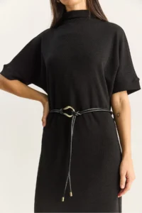 Bianco Lucci Women's Half Turtleneck Faux Leather Belted Steel Knitted Midi Dress 11052 - Image 6
