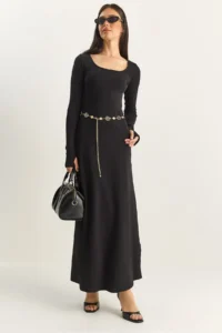 Bianco Lucci Women's Long Sleeve U-Neck Relaxed Dress 4080