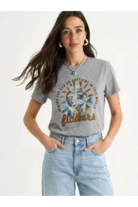 Bianco Lucci Women's Embossed Flower Appliqued Text Printed Basic T-Shirt 7524