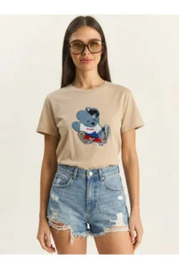 Bianco Lucci Women's Teddy Embroidered Crew Neck Basic T-Shirt 7533