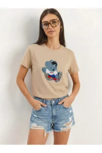 Bianco Lucci Women's Teddy Embroidered Crew Neck Basic T-Shirt 7533 - Image 2