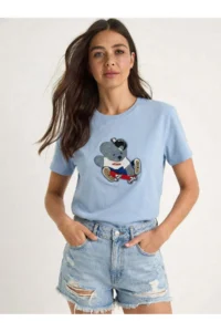 Bianco Lucci Women's Teddy Embroidered Crew Neck Basic T-Shirt 7533 - Image 2