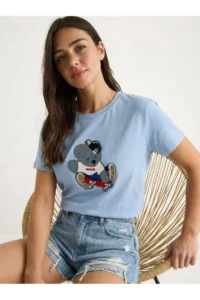 Bianco Lucci Women's Teddy Embroidered Crew Neck Basic T-Shirt 7533 - Image 3