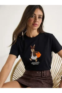 Bianco Lucci Women's Rabbit Embroidered Crew Neck Basic T-Shirt 7532 - Image 2