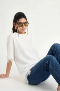Bianco Lucci Women's Lace Detailed Crew Neck Oversize T-Shirt 1046 - Image 4