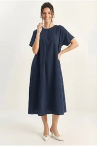 Bianco Lucci Women's Pleat Detailed Pocket Comfortable Midi Dress 8738