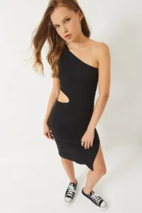 Bianco Lucci Women's One Shoulder Window Detailed Slit Mini Dress