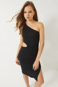 Bianco Lucci Women's One Shoulder Window Detailed Slit Mini Dress - Image 4