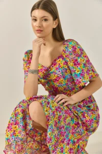 Bianco Lucci Women's Patterned Carmen Collar Gather Detailed Midi Length Summer Dress