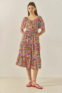 Bianco Lucci Women's Patterned Carmen Collar Gather Detailed Midi Length Summer Dress - Image 4