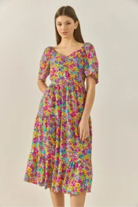 Bianco Lucci Women's Patterned Carmen Collar Gather Detailed Midi Length Summer Dress - Image 5