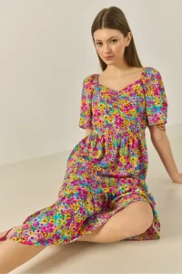 Bianco Lucci Women's Patterned Carmen Collar Gather Detailed Midi Length Summer Dress - Image 6