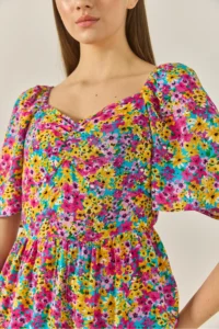 Bianco Lucci Women's Patterned Carmen Collar Gather Detailed Midi Length Summer Dress - Image 7