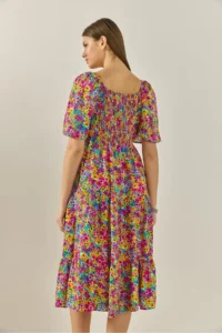 Bianco Lucci Women's Patterned Carmen Collar Gather Detailed Midi Length Summer Dress - Image 8