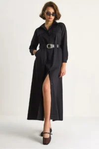 Bianco Lucci Women's Button Closure Pocket Detailed Belted Shirt Dress