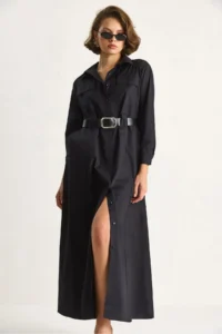 Bianco Lucci Women's Button Closure Pocket Detailed Belted Shirt Dress - Image 5