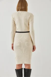 Bianco Lucci Women's Collar Zippered Belted Long Knitwear Dress - Image 3