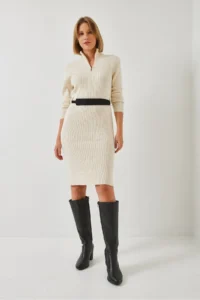 Bianco Lucci Women's Collar Zippered Belted Long Knitwear Dress - Image 4