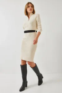 Bianco Lucci Women's Collar Zippered Belted Long Knitwear Dress - Image 5