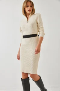 Bianco Lucci Women's Collar Zippered Belted Long Knitwear Dress - Image 6