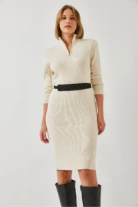Bianco Lucci Women's Collar Zippered Belted Long Knitwear Dress - Image 7