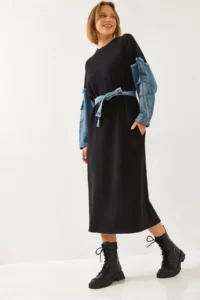 Bianco Lucci Women Dress with Denim Sleeves Detail