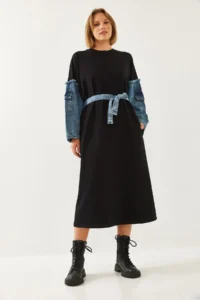 Bianco Lucci Women Dress with Denim Sleeves Detail - Image 2