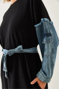 Bianco Lucci Women Dress with Denim Sleeves Detail - Image 3