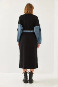 Bianco Lucci Women Dress with Denim Sleeves Detail - Image 4