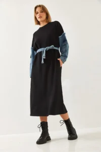 Bianco Lucci Women Dress with Denim Sleeves Detail - Image 5