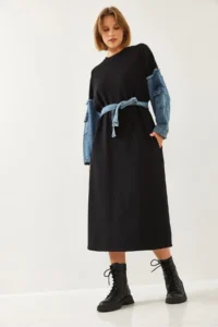 Bianco Lucci Women Dress with Denim Sleeves Detail - Image 6