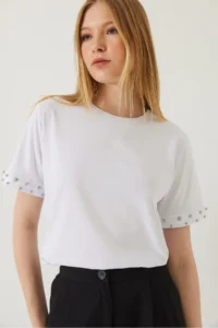 Bianco Lucci Women Stone Embroidered Tshirt on Sleeves - Image 2
