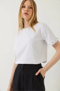 Bianco Lucci Women Stone Embroidered Tshirt on Sleeves - Image 3