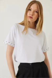 Bianco Lucci Women Stone Embroidered Tshirt on Sleeves - Image 4