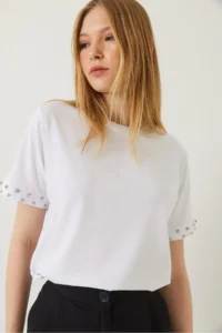 Bianco Lucci Women Stone Embroidered Tshirt on Sleeves - Image 5