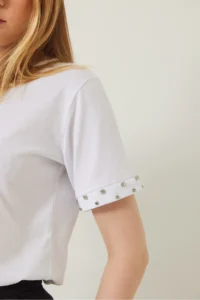 Bianco Lucci Women Stone Embroidered Tshirt on Sleeves - Image 6