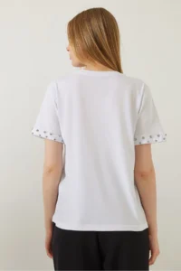 Bianco Lucci Women Stone Embroidered Tshirt on Sleeves - Image 7