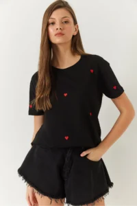 Bianco Lucci Women Heart Embroidered Tshirt - Image 2