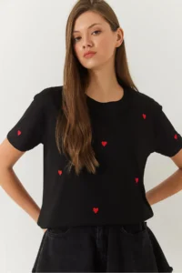 Bianco Lucci Women Heart Embroidered Tshirt - Image 4