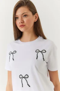 Bianco Lucci Women Stone and Bow Detailed Tshirt - Image 2
