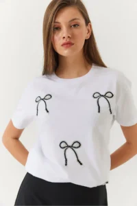 Bianco Lucci Women Stone and Bow Detailed Tshirt - Image 3