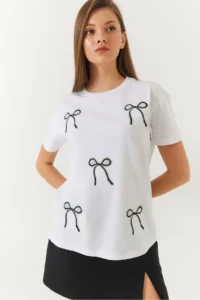 Bianco Lucci Women Stone and Bow Detailed Tshirt - Image 4