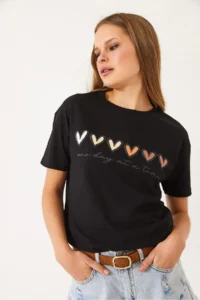 Bianco Lucci Women's Short Sleeve Colorful Heart Printed Basic T-Shirt - Image 5