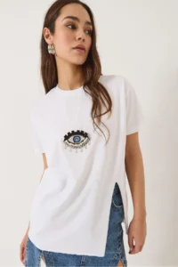 Bianco Lucci Women's Sequin Sequin Accessory Slit Detailed Short Sleeve T-Shirt